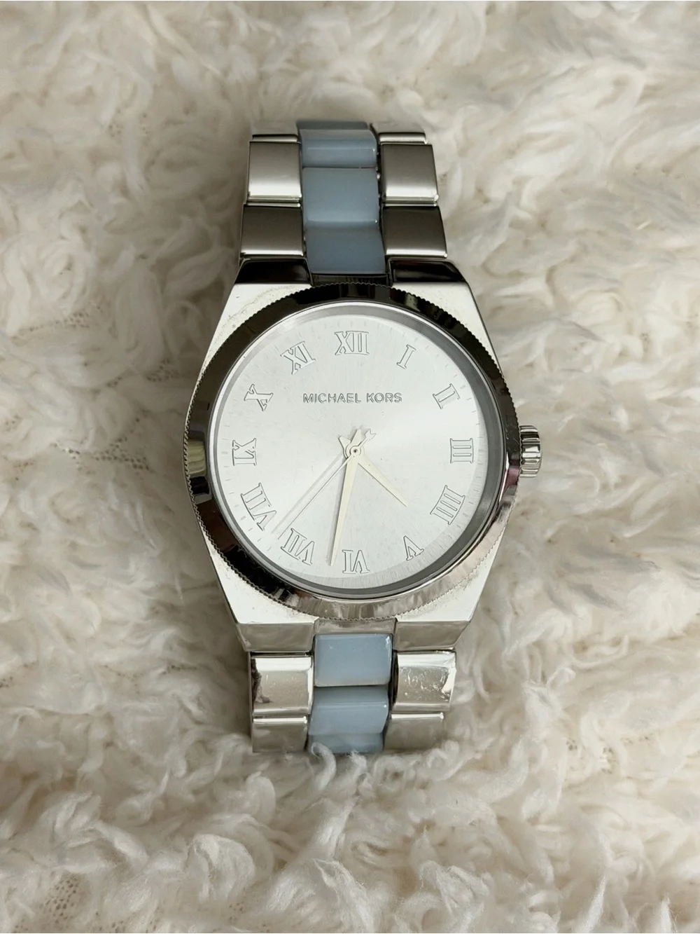 Michael Kors Silver Watch With Blue Center Stripe / Roman Numeral Face